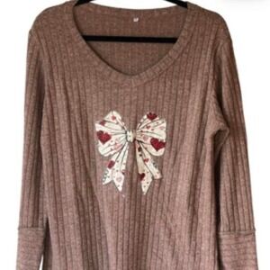 Mauve Ribbed Long Sleeve Heart Bow Graphic Top Valentines Day V-Neck Shirt L